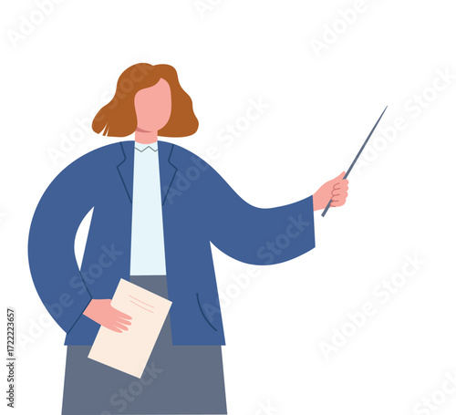 A teacher with a pointer in her hand. A woman in a suit gives a presentation. Vector flat graphics.