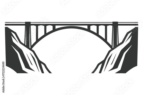 Simple Dark Gray Arch Bridge over Mountain Gap Isolated on White Background
