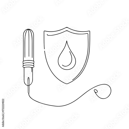 Tampon with applicator and drop shield single line illustration in black minimalist style