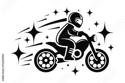 Stylish Motorcyclist in Helmet Riding Fast with Speed Stars Icon on White
