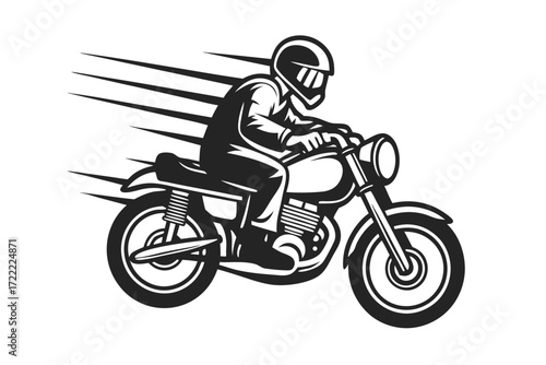 Stylish Motorcyclist Riding, Helmet, on White Background