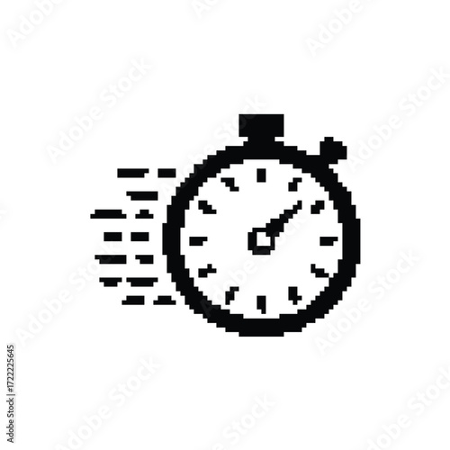 Pixelated stopwatch illustration conveying urgency speed and efficiency in time management black and white design