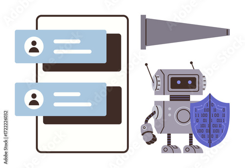 Humanoid robot holding shield by message interface and megaphone, emphasizing cybersecurity and privacy. Ideal for data protection, AI, secure messaging, privacy, technology, online safety, simple