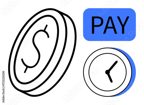 Coin with dollar symbol, clock indicating time, and Pay text emphasize monetary transactions, deadlines, and time value. Ideal for finance, e-commerce, scheduling, payroll savings time management