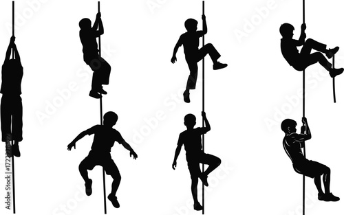 Boy climbing rope silhouette, children exercise, playground activity, gym training, strength building, outdoor sport, balance skill, fitness challenge, agility movement, childhood fun