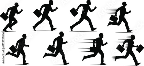 Businessman running silhouette, office worker hurry, fast motion, corporate rush, urgent work deadline, successful career speed, financial growth ambition, productivity drive