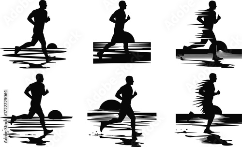 Runner silhouette at sunset, man jogging on beach, fitness exercise, healthy lifestyle, morning workout, sport activity, endurance training, speed motion
