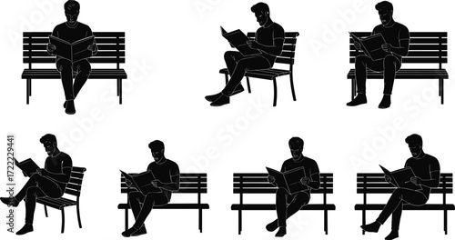 Silhouette of man reading newspaper on bench, relaxing outdoors, sitting figure, leisure activity, park lifestyle, black and white illustration