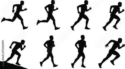 Silhouette of man running, jogging, sprinting, fitness training, outdoor activity, exercise, athlete motion, sports lifestyle, workout vector illustration design