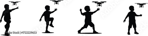 Silhouette of children playing with flying drones outdoors, kids enjoying modern quadcopter toys, fun activity, remote control, childhood entertainment