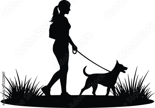 Silhouette of woman walking dog on leash in grassy field, outdoor lifestyle, summer countryside, pet care, relaxing nature walk