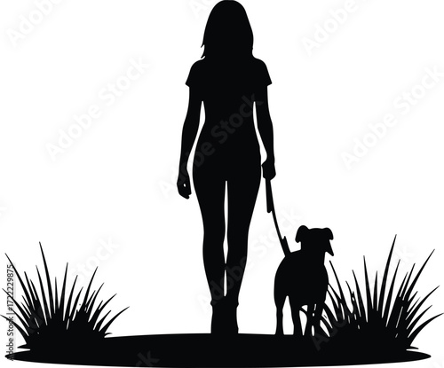 Silhouette of woman walking dog on leash in nature, outdoor lifestyle, summer countryside, pet care, relaxing walk, grassy background