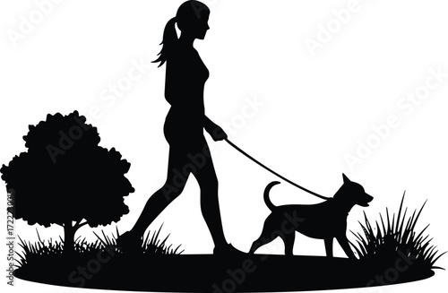 Silhouette of woman walking dog on leash in park, outdoor lifestyle, summer countryside, pet care, relaxing walk, tree background