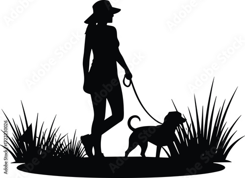 Silhouette of woman walking dog on leash in nature, relaxing outdoor activity, summer lifestyle, pet care, countryside grass background