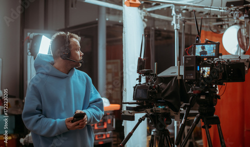 Director of photography with a camera in his hands on the set. Professional videographer at work on filming a movie, commercial or TV series. Filming process indoors, studio
