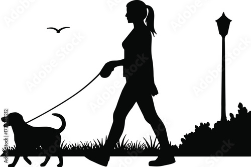 Silhouette of woman walking dog on leash, outdoor activity, pet care, evening walk, healthy lifestyle, park, exercise, companionship, fitness
