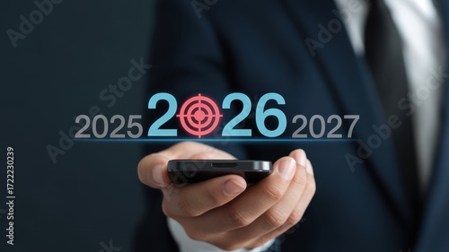 A business man holding a phone with goal of the year 2026 displayed