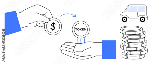 Hand exchanging dollar coin for token, stack of coins, car icon. Ideal for finance, cryptocurrency, assets, transactions, blockchain digital economy tokens. Clean and simple flat metaphor
