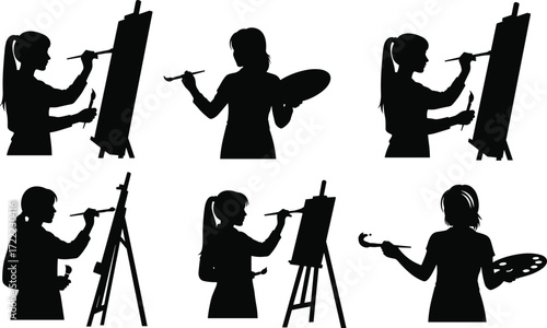 Silhouette of women painting on canvas with brush and palette, artistic creativity, painter at easel, art studio, creative artwork