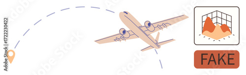 Airplane flying along dashed route towards destination, map with terrain marked as fake at side. Ideal for travel, aviation, map authenticity, navigation, data accuracy, warnings, fraud detection in