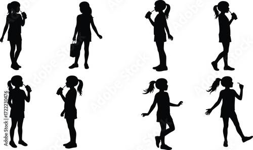 Silhouette of young girl drinking juice, walking, standing, holding bag, casual lifestyle, child activity, black outline, vector illustration, design
