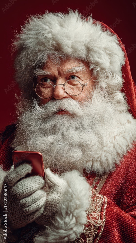 Naklejka premium Santa Claus checking his phone in a festive setting with a cheerful expression and cozy attire