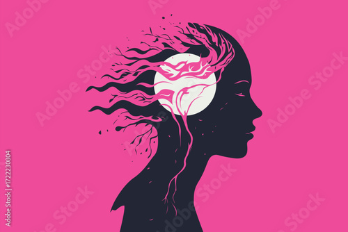 Abstract Mind Silhouette with Tree Roots and Moon – Meditation and Spiritual Concept Illustration