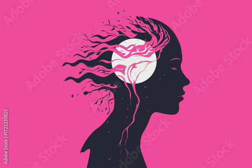 Abstract Mind Silhouette with Tree Roots and Moon – Meditation and Spiritual Concept Illustration