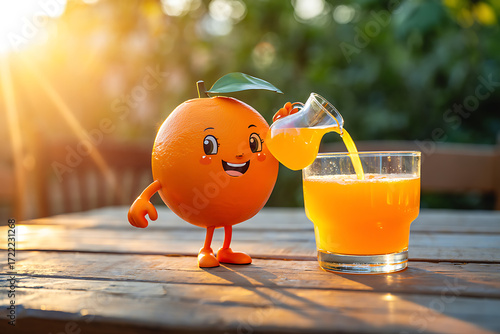 A cheerful orange character pours juice into a glass on a wooden table, with a sunny background, promoting healthy eating and a positive lifestyle