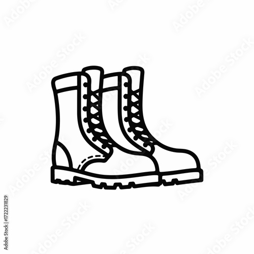 Military boots drawn as simple line art, detailed with laces and treaded soles, represent armed forces. Military boots illustrate remembrance and service, symbolizing respect for veterans.