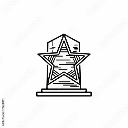 Star monument in outline style ideal for honoring veterans. Star monument, depicted in simple black lines, symbolizes a solemn memorial. Detailed lines form star monument and its base,
