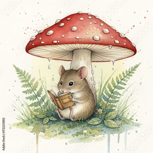Whimsical Watercolor of Mouse Reading Under a Mushroom