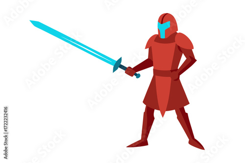 Red armored warrior holding a glowing blue sword on white background
