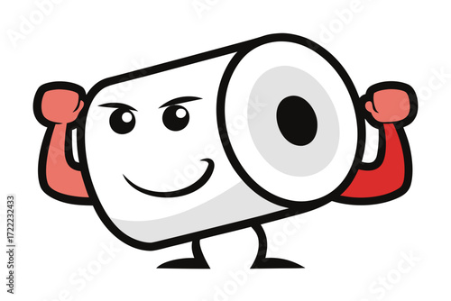 Funny cartoon toilet paper roll character flexing muscles