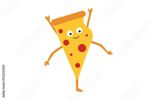 Happy cartoon slice of pepperoni pizza dancing with joy