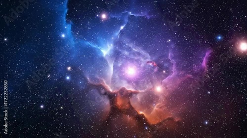 Colorful nebula with moving stars and celestial objects