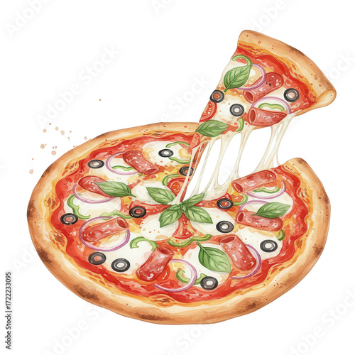 Delicious pizza with a slice being lifted, showcasing melted cheese and fresh toppings.