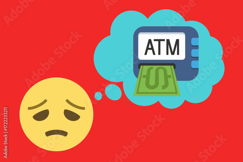 Vector illustration of disappointed emoji face with thought bubble showing ATM and money. Concept of financial stress, money problems, banking issues, and economic worries.