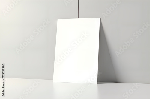 Blank White Poster Leaning Against Wall on Minimalist Shelf Disp