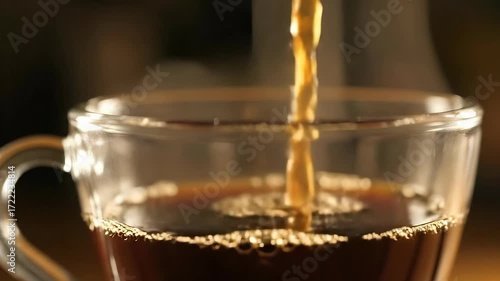 Hot coffee pouring into glass cup montage