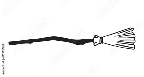 Single witch broom, classic boho style, monochrome line art hand drawn style