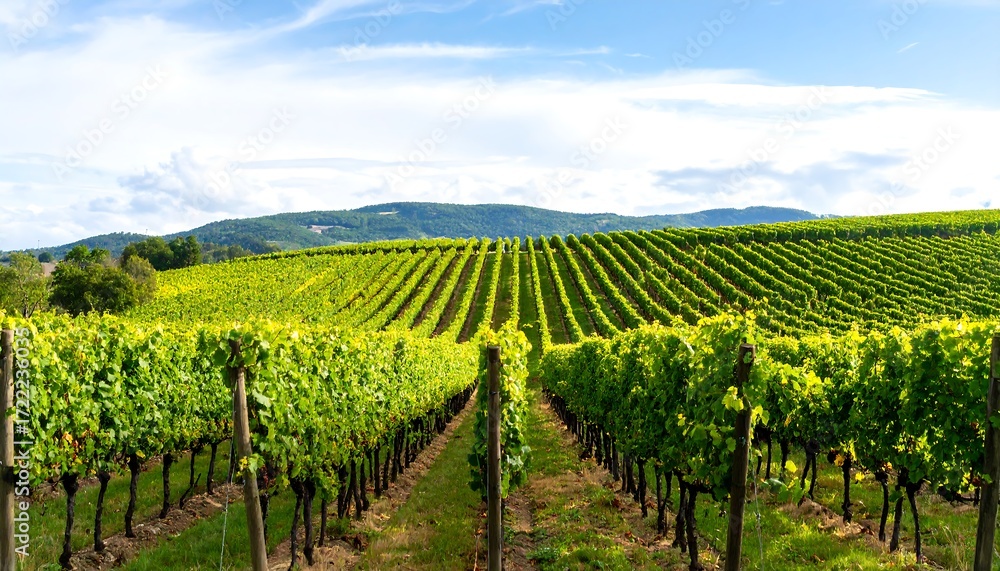 Fototapeta premium Lush vineyard rows stretch to a distant hill under a partly cloudy sky