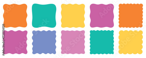 Square wavy text box and organic frame, Hand drawn geometric shapes and doodle border. Empty fluid form set. Vector illustration isolated on white background.