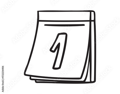 Calendar with number 1, line art school doodle, outline contour, monochrome, hand drawn