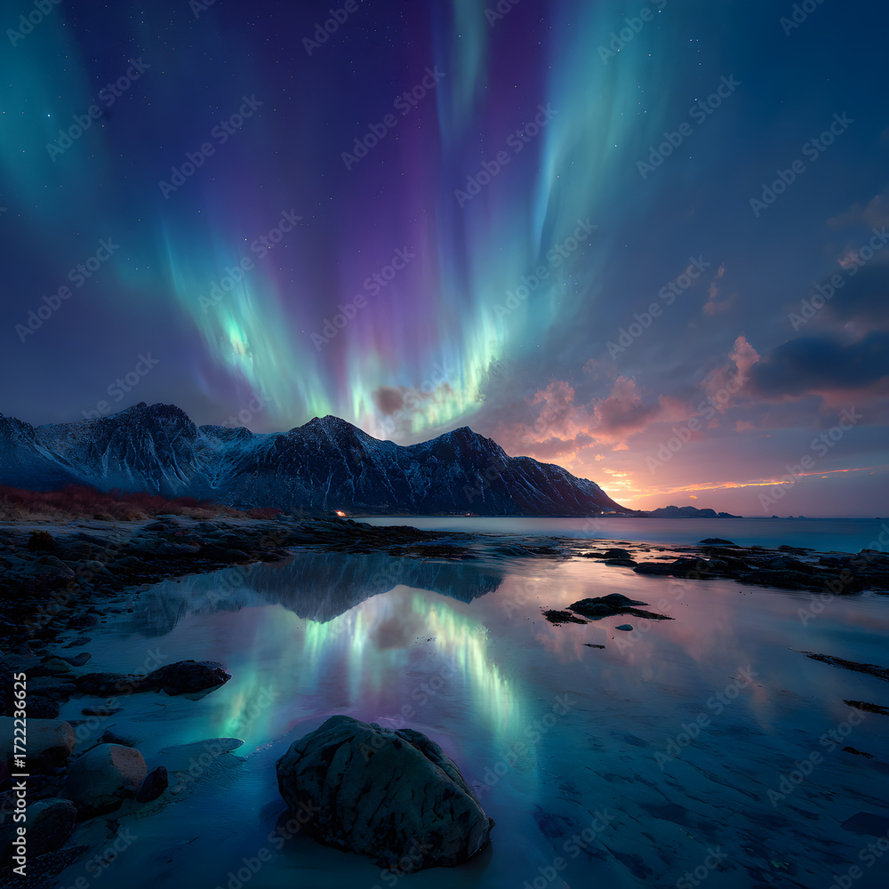 Naklejka premium Mesmerizing Aurora Boreali Photography: Capturing th Enchanting Dance of Northrn Lights in Stunning Visul Splendor of Natural Nightime Phenomenon