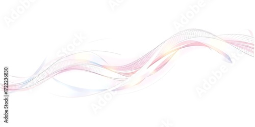 An abstract horizontal banner with delicate, flowing lines in soft pastel colors of pink, blue, and yellow, creating a light, ethereal wave on a white background.