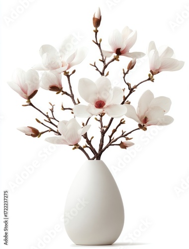 A delicate arrangement of magnolia blossoms in a simple, elegant white vase, presenting a tranquil and serene aesthetic.