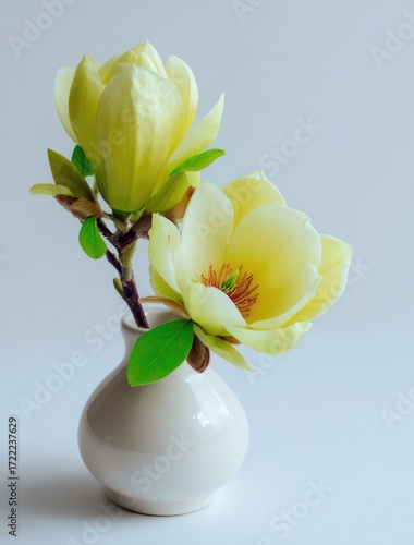Delicate pale yellow magnolia blossoms in a simple white vase, highlighting the soft beauty of spring.