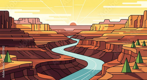 Illustration of a canyon landscape with a winding river under a sunset sky with geometric trees and rocks