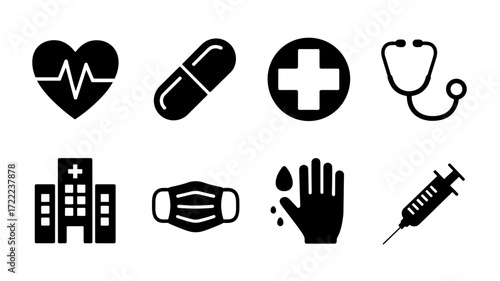 Collection of medical vector icons, including a heart with a heartbeat, a pill, a medical cross, a stethoscope, a face mask, a bloody hand and a syringe.